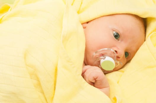 Newborn Baby in the Bed under Yellow Blanket with Pacifier in Mouth