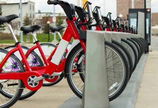 A row of bicycles from the Bixi bike rental program in Ottawa, Canada.