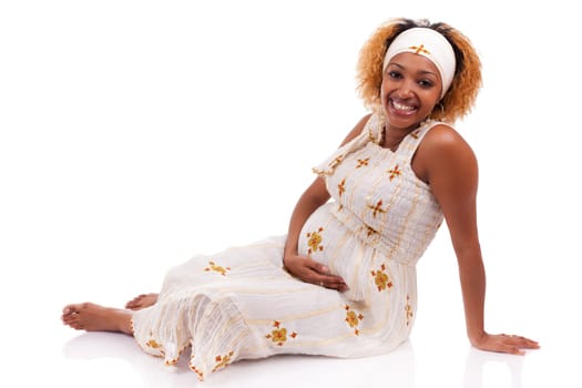 Young beautiful pregnant african woman , over white background