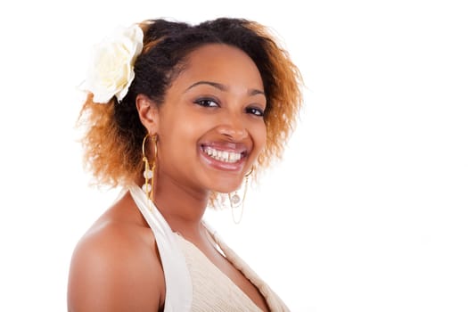 Closeup portrait of a beautiful african american woman, isolated on white background