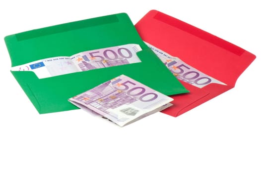 Colored envelope with Euros on white background