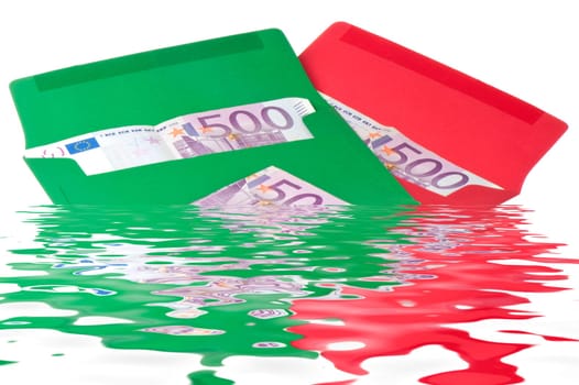 Colored envelope with Euros on white background
