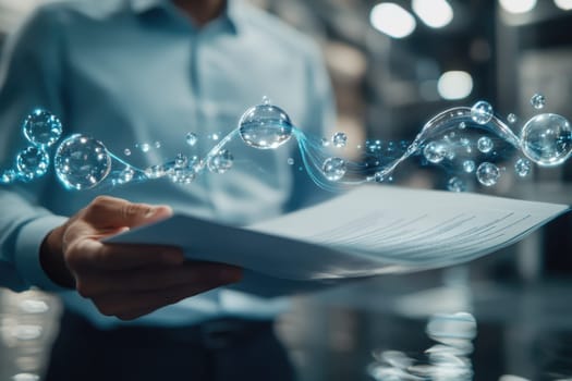 A business executive holds a report while digital elements swirl around, symbolizing innovation and technology in the corporate world.
