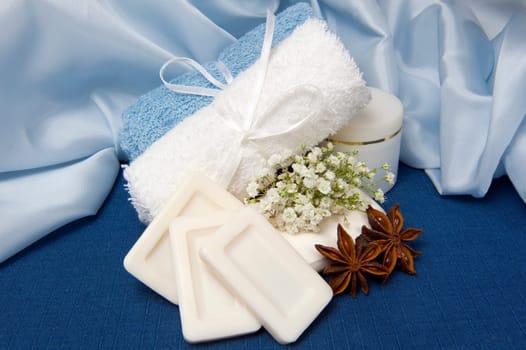 natural products for body care on colored background