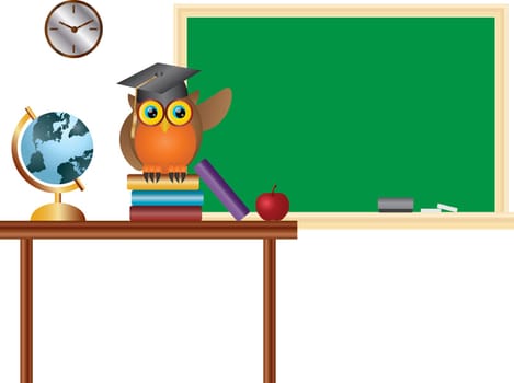 Owl Professor Teacher in Classroom with Chalkboard Globe Books and Apple Illustration