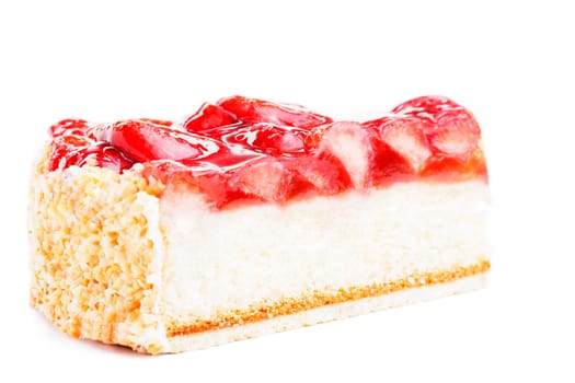 A piece of strawberry cake on a white background