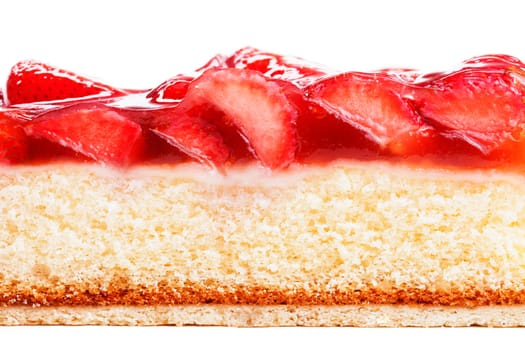Strawberry pie from the side on white background