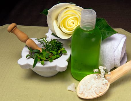 natural products for body care on colored background