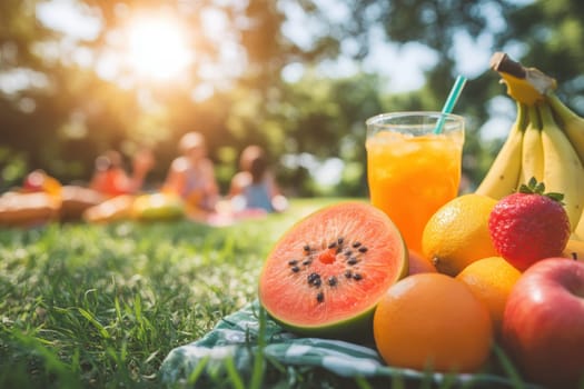 Enjoy a vibrant summer picnic scene featuring fresh fruits and refreshing drinks in a beautiful park, perfect for gatherings and outdoor fun.