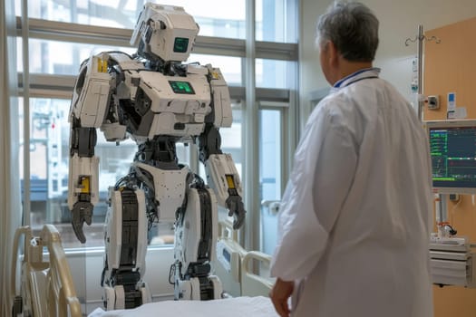 A humanoid robot interacts with a medical professional in a hospital setting, showcasing advanced technology designed to assist patients and enhance care.