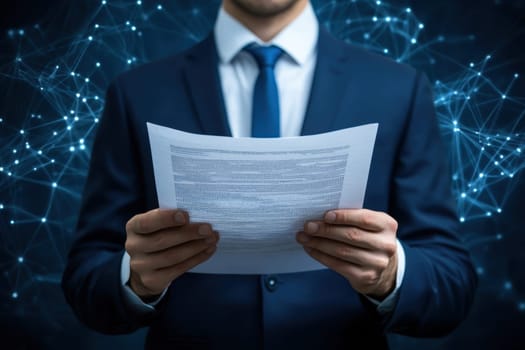A professional executive in a business suit holds a digital report in front of a futuristic data background, symbolizing insight and innovation in modern business.