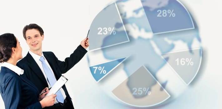 Image of interacting businesspeople on the background of business project
