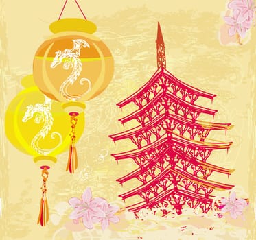 old paper with Asian Landscape and Chinese Lanterns - vintage japanese style background
