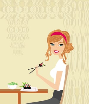 beautiful Asian girl enjoy sushi - menu template