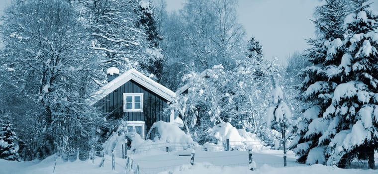 small cottages, cabins, surrounded by snow and ice, sweden, cold blue toning idea