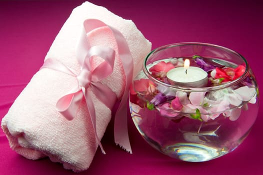 scented products for body care on colored background