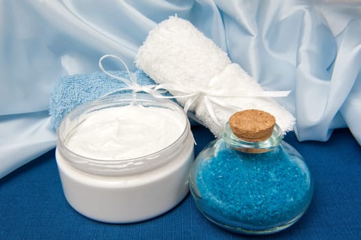 natural products for body care on colored background