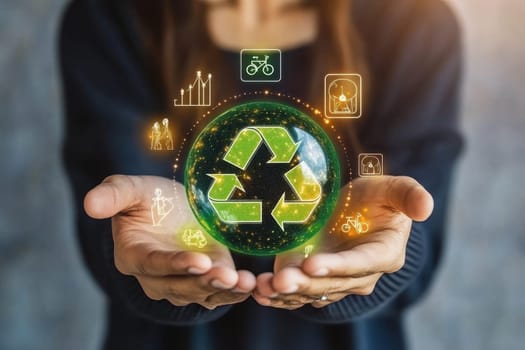 Creative illustration featuring hands holding a glowing globe with recycling icons. It symbolizes innovative sustainable practices and environmental awareness in a digital age.