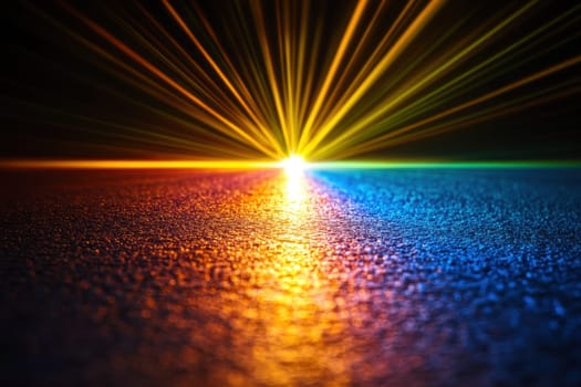 A captivating close-up of abstract prismatic light rays cast on a textured surface. The vibrant colors create a dynamic and energetic atmosphere, ideal for visual projects.