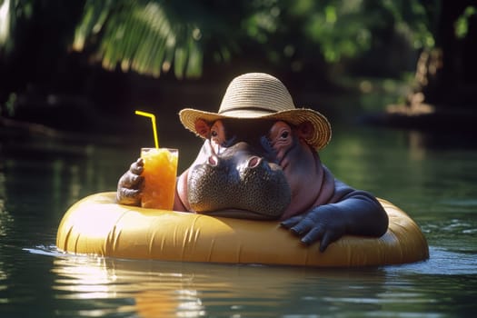 A charming hippopotamus in a sun hat relaxes on an inner tube while enjoying a refreshing drink in a serene river setting, evoking summer fun.