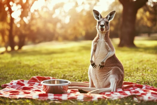 A cheerful kangaroo stands upright with its hands resting on a blanket in a sunlit park. The scene captures the essence of nature and wildlife in a serene setting.