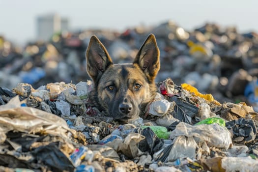 A stray dog appears to search for food among a mountain of trash, highlighting the plight of animals in urban environments and the challenges they face.