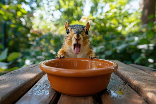 A vibrant squirrel stands on a wooden table, reaching for a food bowl. The lush green background and bright sunlight create a cheerful outdoor scene.