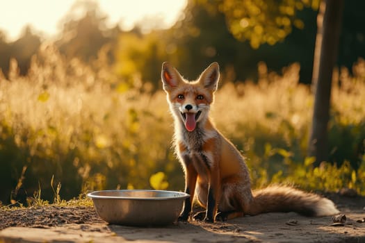 A playful fox sits near an empty food bowl, gazing curiously into the distance. The vibrant outdoor scene captures the essence of wildlife under the warm evening sunlight.