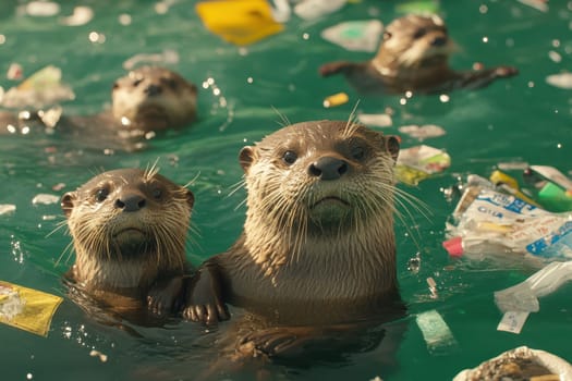 A family of otters swims through a river, surrounded by debris, showcasing their playful nature in a vibrant aquatic environment.