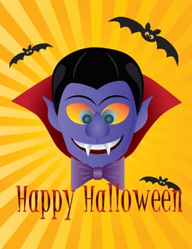 Happy Halloween Count Dracula with Bats Sun Rays and Text Illustration