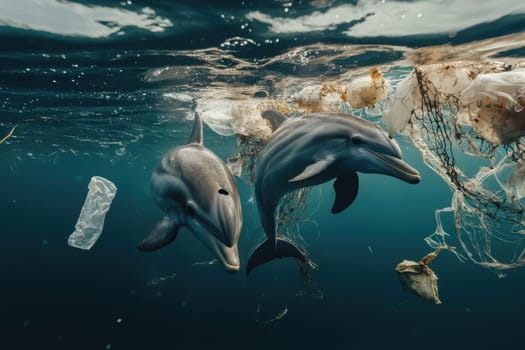 Two dolphins leap gracefully through polluted ocean water, surrounded by plastic debris. This striking scene highlights the impact of pollution on marine life.