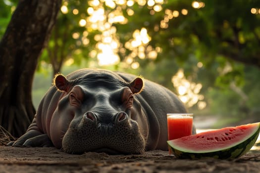 A serene scene featuring a sleepy hippo resting on a riverbank, accompanied by a glass of juice and a slice of watermelon. The peaceful environment reflects summer relaxation.