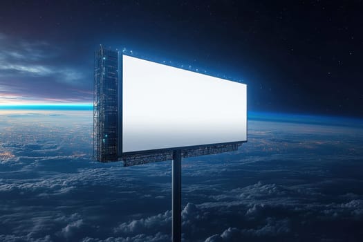 A mesmerizing image of a floating futuristic billboard, set against a stunning twilight backdrop of Earth and clouds, symbolizing modern advertising in space.