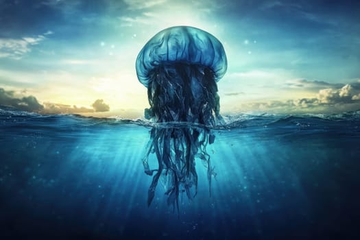 A surreal scene depicting a plastic bag floating in the ocean under a jellyfish, highlighting environmental concerns and ocean beauty, blending nature and imagination.