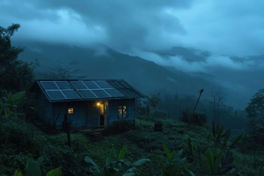 A tranquil off-grid house nestled deep in a lush jungle, surrounded by misty mountains at dusk, showcasing sustainable living in a serene rural environment.