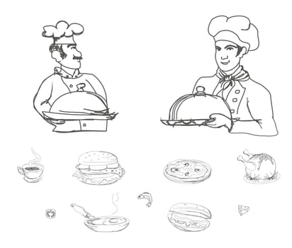 Cheerful chef serving dishes , doodle illustration set