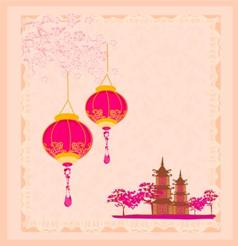 old paper with Asian Landscape and Chinese Lanterns - vintage japanese style background