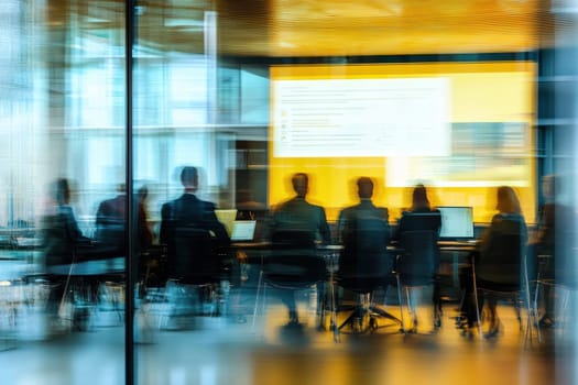 A modern business meeting occurs behind a glass wall, showcasing silhouettes of professionals engaged in discussion and collaboration. The vibrant screen displays key information in a corporate setting.