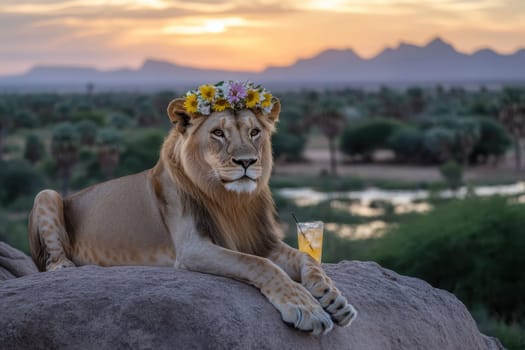 A majestic lion adorned with a floral crown relaxes on a rock with a refreshing drink while a stunning sunset sets the scenic atmosphere.