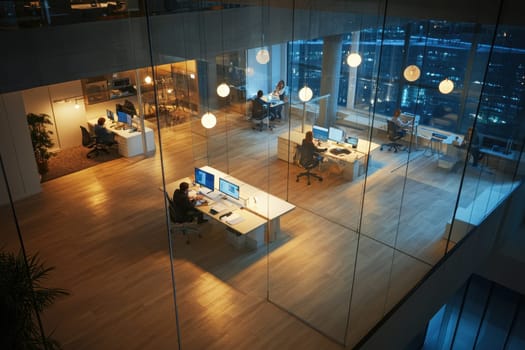 A captivating aerial view of a modern open space office where teams work collaboratively in a stylish, well-lit environment, showcasing productivity and design.