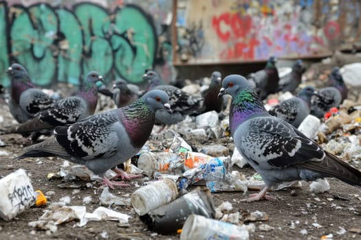 A diverse group of pigeons scavenges through scattered food wrappers and debris in an urban setting, highlighting wildlife adaptation to pollution and waste.