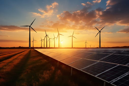 Creating sustainable energy using solar panels and wind farms is enterprise friendly. The concept of clean and sustainable development. Generative AI.