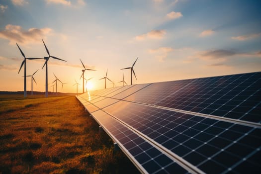 Creating sustainable energy using solar panels and wind farms is enterprise friendly. The concept of clean and sustainable development. Generative AI.