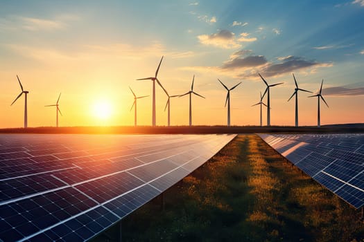 Creating sustainable energy using solar panels and wind farms is enterprise friendly. The concept of clean and sustainable development. Generative AI.