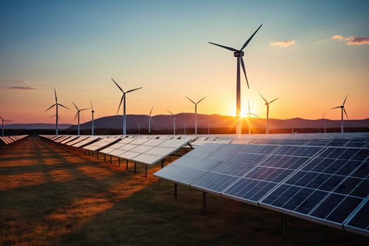 Creating sustainable energy using solar panels and wind farms is enterprise friendly. The concept of clean and sustainable development. Generative AI.