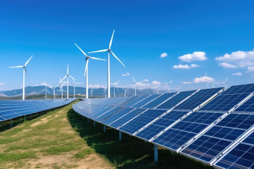 Creating sustainable energy using solar panels and wind farms is enterprise friendly. The concept of clean and sustainable development. Generative AI.