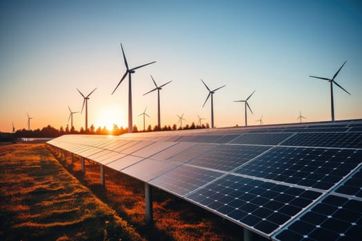 Creating sustainable energy using solar panels and wind farms is enterprise friendly. The concept of clean and sustainable development. Generative AI.