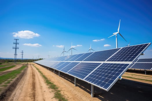 Creating sustainable energy using solar panels and wind farms is enterprise friendly. The concept of clean and sustainable development. Generative AI.