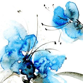 Watercolor and ink painting of blue flowers. Oriental traditional sumi-e painting.