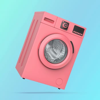 Modern pink washing machine on blue background
